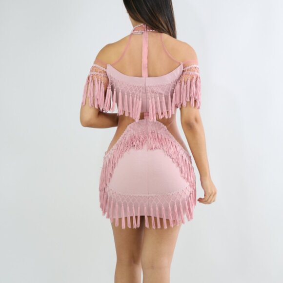 Pink Off the Shoulder Pearl Fringe Tassel Body-Con Halter Short Dress - Picture 4 of 10